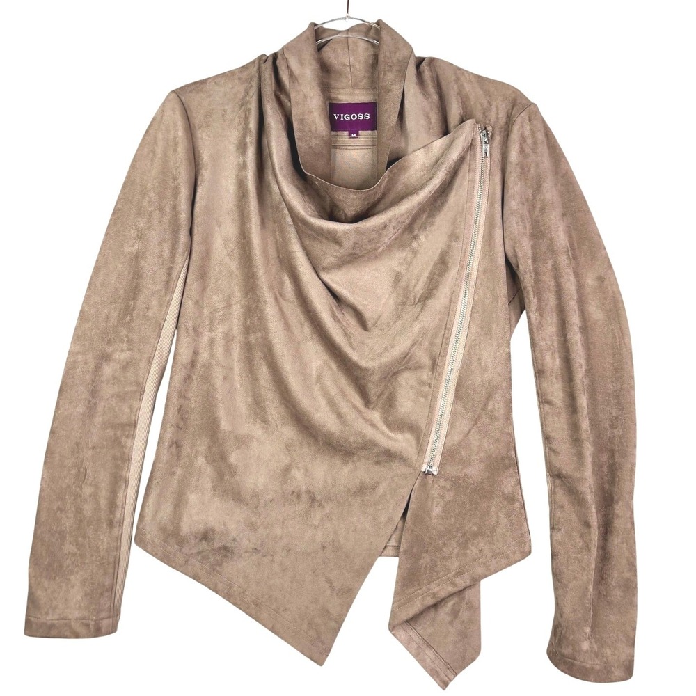 Vigoss Womens Tan Faux Suede Draped Asymmetrical Zip Cowl Neck Jacket Size M